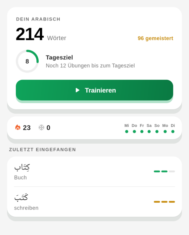 Lugha Startseite – Wortzahl, Tagesziel und Streak